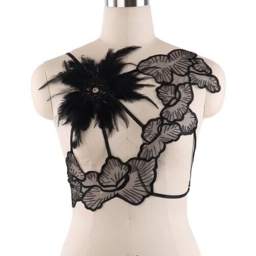 Black Feather Cage Lace Flowers Feather Crop Tops Bondage Harness Adjust Size Fetish Wear Bondage Lingerie Goth Harajuku harness