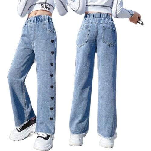 Wide Leg Jeans For Teenage Girls Bottom Baggy Denim Pants Middle Waist Full Length Heart Trousers Children Clothing 13 14 15 16Y