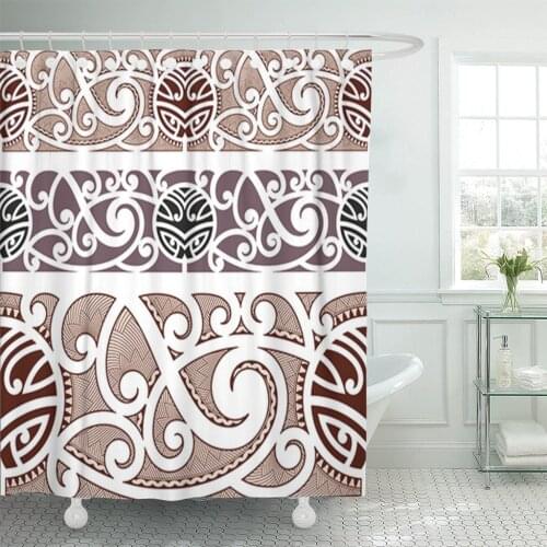 Brown Tattoo Maori Styled Pattern Polynesian Tribal Wave Armband Shower Curtain Waterproof Polyester Fabric 60 x 72 inches Set