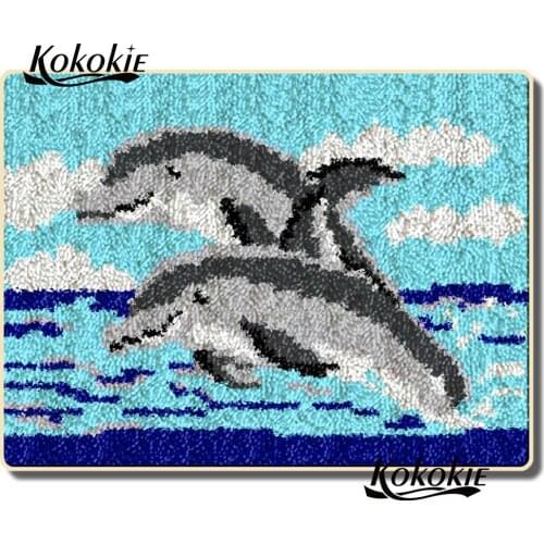Handmade cushion mat diy tapijt latch hook rug kits rug dolphin pattern printed vloerklee foamiran for needleworksets 3d carpet