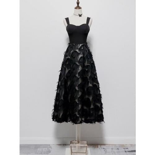 Fancy Black Floral Applique Prom Dress Party Gowns Tea Length 2021 New Arrival