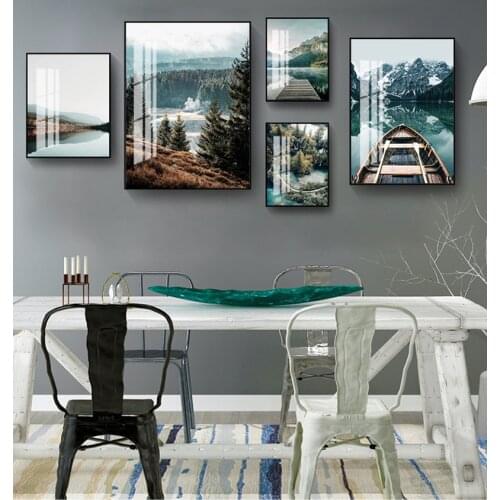 Scandinavian Nature Landscape Wall Art Poster Mountain Lake Boat Print Nordic Painting Decorative Picture Modern Home Decorati