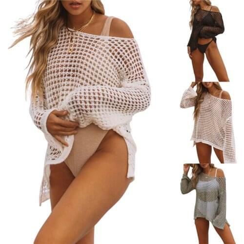 Meihuida 2021 New Cover Ups Womens Hollow Out Cover Ups, Sexy Long Sleeve Off Shoulder See Through Crochet Tops