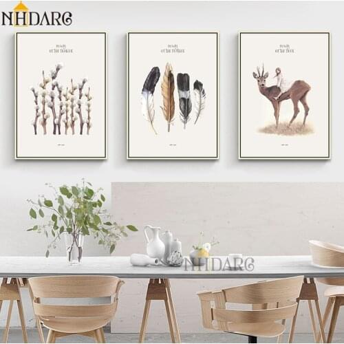 Posters and Prints Canvas Art Painting Retro Vintage Style Flower Feather Deer Wall Pictures for Living Room Nordic Home Decor