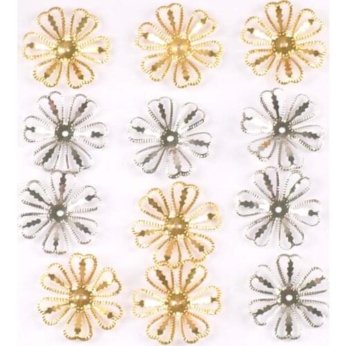 Silver Gold Hollow Metal Crafts Flowers Connectors Wraps Filigree For Scrapbook DIY Embellishment Home Decor 26mm 20pcs Yk0762-5