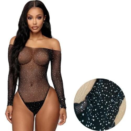 Mesh Open Crotch See Through Sexy Tube Onesie Transparent Erotic Lingerie Fishnet Shiny Bodysuit with Rhinestone Women Bodysuits