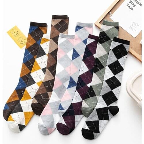 Keep Warm Japanese Style Knee-high Socks for Woman Socks Rhombus Pattern Autumn Winter Cotton 1Pair College Style