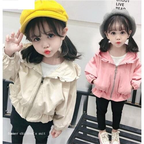 Girls' thin coat spring coat girls' windbreaker lace design girls' jacket 2-8 years old girls' versatile jacket hooded windbreak