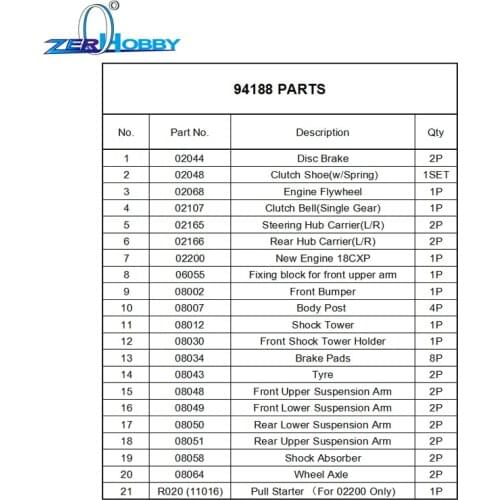 RC CAR SPARE PARTS ACCESSORIES FOR HSP 1/10 NITRO MONSTER TRUCK MODEL 94188 (21 PARTS ITEM SET)