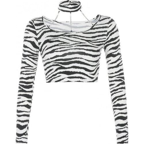 Women Ladies Wild Long Sleeve T-Shirt Sexy Chain Choker Zebra Print Slim T-shirt Crop Top Blouse Casual Slim Shirt Top