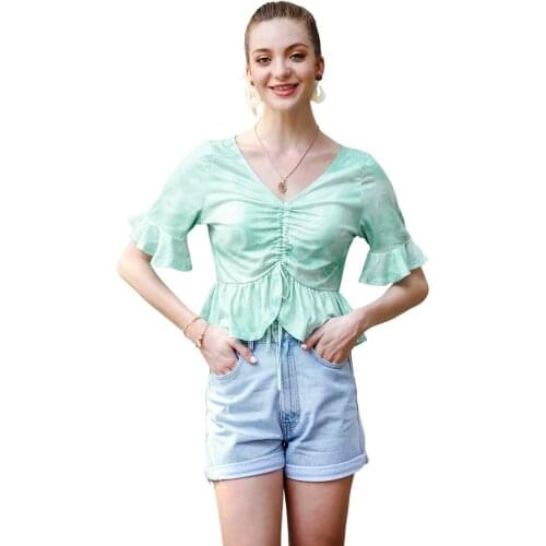 Summer New Womens Clothing Lotus Sleeve Slim-fit V-neck Pleated Tie-dye Top T-shirt Urban Casual Womens Clothing