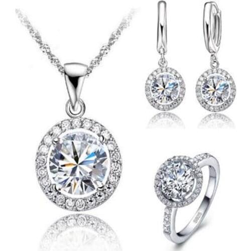 Top Quality Exquisite Women Wedding Necklace Earring Ring Jewelry Set 925 Sterling Silver Zircon Crystal Sets