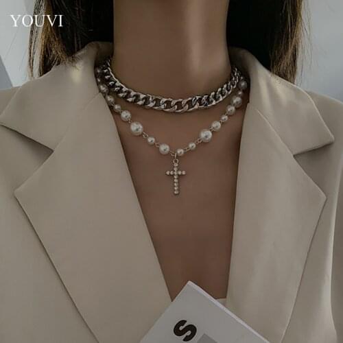 YOUVI Stainless Steel Chains Pearl Beads Necklace on the Neck Fashion Short Choker Necklaces for Women 2021 Collar Collier