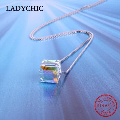 LADYCHIC 925 Sterling Silver Cube Crystal Pendant Necklace Romantic Box Chain Choker Fine Jewelry for Women Accessories LNS1038