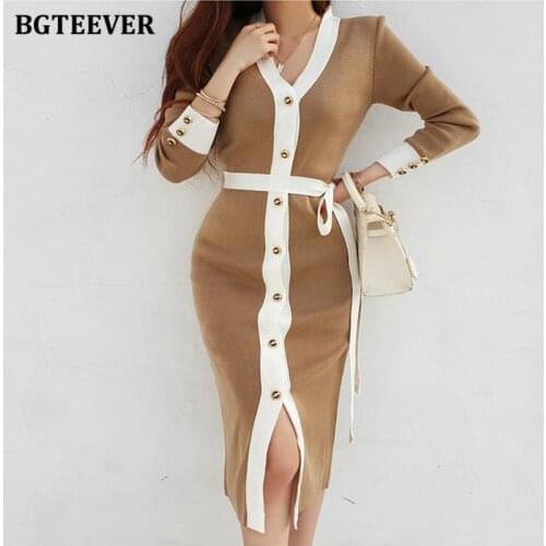 BGTEEVER Elegant V-neck Patchwork Slim Women Knitted Dress 2020 Autumn Winter Single-breasted Belted Sashes Female Sweater Dress
