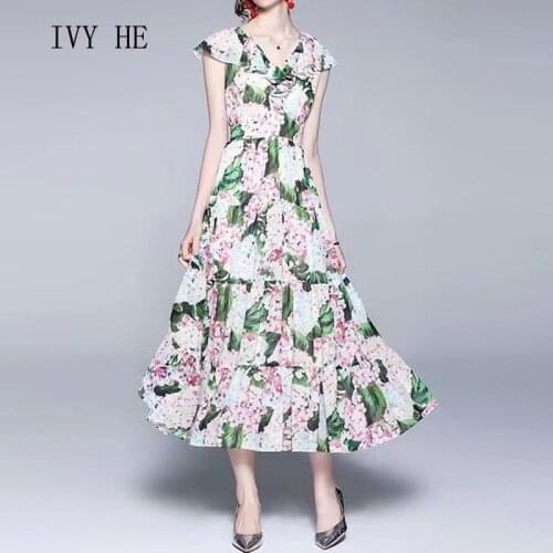 IVY HE High Quality Summer Dress Woman Clothing Vintage Grace Printed Ruffle Holiday Midi Long Dress Traf Robe ZA Party Dresses