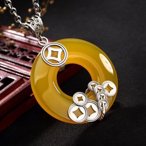 2018 New silver S925 Pure Silver Antique coin Huang Yusui inlaid safety pin pendant long Lady sweater chain pendant