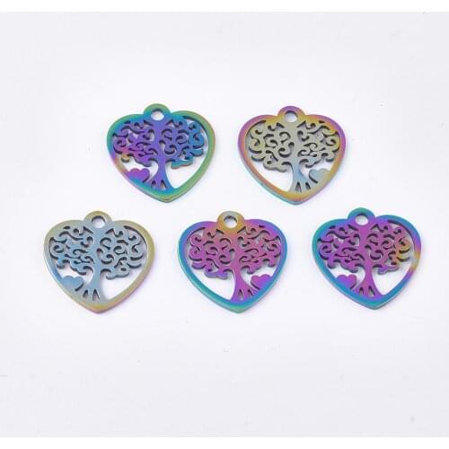 5pcs Stainless Steel Pendants Heart Tree of Life Charms Multi-color DIY Necklace Charms for Women Jewelry Making Craft