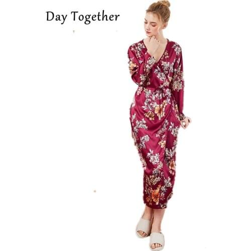 Satin Kimono Bathrobe Women Long-sleeved Print Flower Silk Robe femme Dressing Gowns Long Nightwear Bathrobes