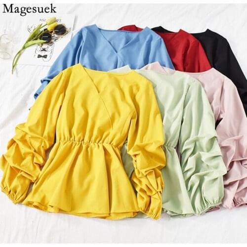 Korean OL Style Chiffon Shirt Spring 8 colors V-neck Slim Blouse Women Petal Sleeve Retro Women Tops Pleated Solid Clothes 15030