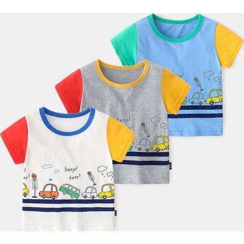 Kids Summer Short Sleeve Girls & Boys T shirt Children Cartoon print T-shirt Fashion splice color child Clothes For 2-7Y