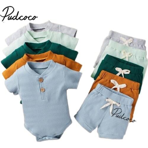 2Pcs Unisex Baby Summer Outfits, Solid Color Ribbed Stand Collar Short Sleeves Romper + Elastic Waist Shorts for Toddler