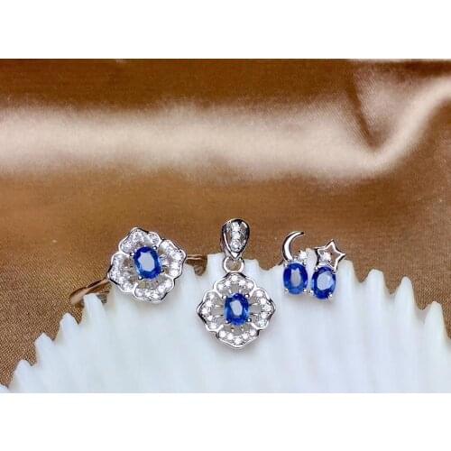 Ancient Flower Moon Stars Natural blue sapphire S925 silver ring earrings Pendant natural gemstone Jewelry Set girl party gift