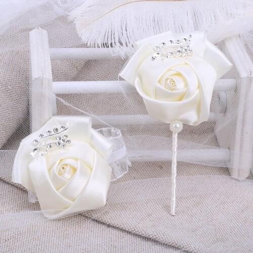 European and American Groom Lapel Pin Wine Red Bride Wrist Corsage DIY Rhinestone Ribbon Rose Party Wedding Props T1300