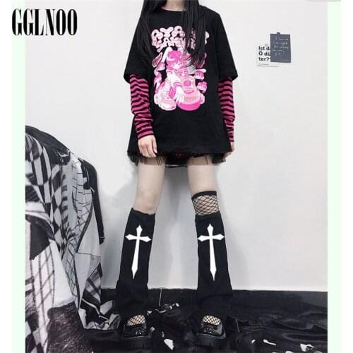 GGLNOO Gothic Lady Cross Print Leg Warmer Black Jk Student Sock Wide Leg Stretch Cool Lolita Calf-length Socks Sport Streetwear