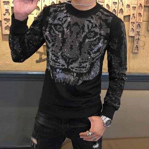 Men Sequin Printing Tiger Head Loose Casual Fleece Pullover Hoodie Male Streetwear Hip Hop Sweatshirt Outerwear Stage Clothing