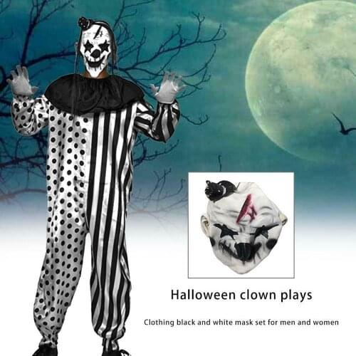 QLQ Halloween Mens Killer Costume Cosplay Adult Clown Jumpsuit with Latex Mask Performance Scary White&Black Stripe Clown