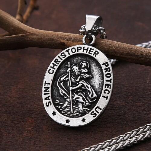 Vintage Stainless Steel Saint Chris Topher Necklace For Men Gothic Chain Saint Chris Topher Protect Us Pendant Necklace Jewelry