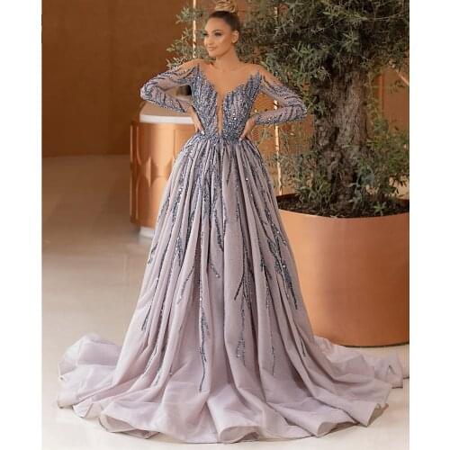 Luxury Beaded 2021 Prom Dresses Long Sleeve African Sexy Sheer Jewel Neck Women Formal Evening Gowns