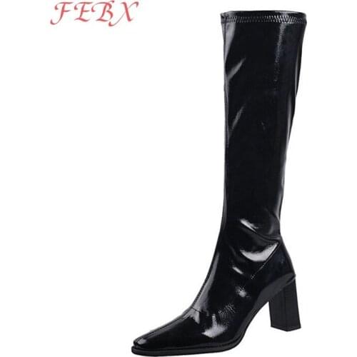 2021 New Autumn Women Boots Zip Square Toe Solid Pu Leather Fashion Long Boots Ladies High Heels Outdoor Party Womens Shoes