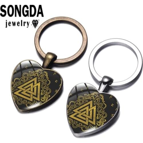 SONGDA Viking Valknut Prayer Pattern Keychain Handmade Glass Cabochon Unique Heart Alloy Keyring Backpack Car Key Chain Jewelry
