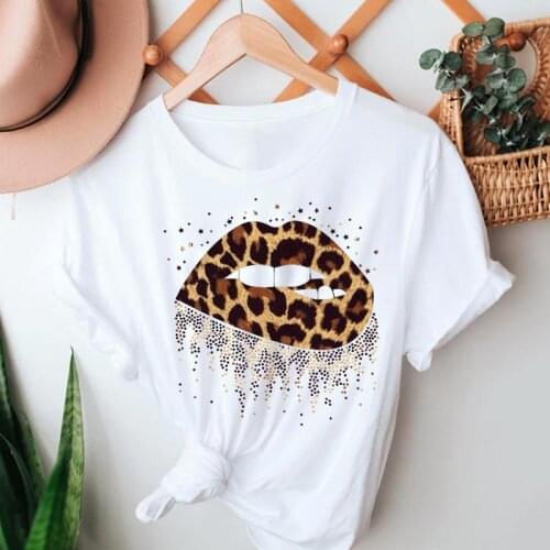 Women Short Sleeve Leopard Kawaii Lip Girl Cute 90s Casual Summer Tshirts Clothes Stylish T Top Lady Print Girl Tee T-Shirt