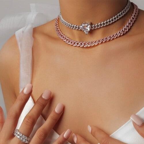 2021 NEW Fashion Women Hip Hop Iced Out Bling Cuban Chain Choker Jewelry Charm Pink Pinky Heart Arrow Cz Link Chain Necklaces