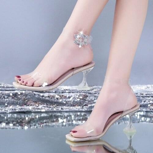 2021 square toe summer ladies sandals fashion transparent spike thin high heels buckle belt banquet dress ladies shoes