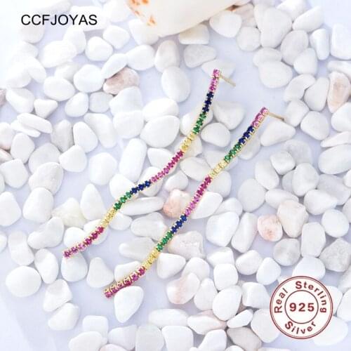 CCFJOYAS 100% Real 925 Sterling Silver Micro-inlaid Rainbow Zircon Long Tassel Earrings for Women Fashion Wedding Jewelry