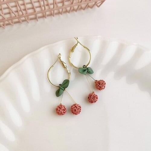 Origin Summer Korean Handmade Knit Cherry Dangle Earrings for Women Gold Color Hooks Tassel Bowknot Drop Earrings Summer Jewelry