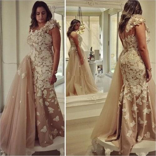 Elegant Champagne Evening One Shoulder Women Formal 2018 Arabic Lace Applique Mermaid Party Gown mother of the bride dresses