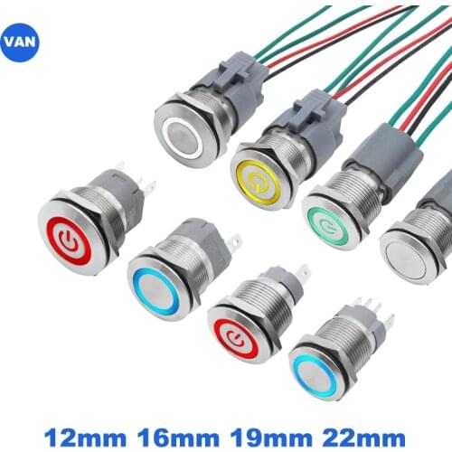 12/16/19/22mm Waterproof Metal Push Button Switch LED Light Momentary Latching Car Engine Power Switch 5V 12V 24V 220V Red Blue