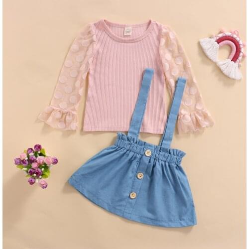Toddler Baby Girls Autumn 2pcs Fashion Outwear Clothes Flared Sleeve Pullover + Strap Skirt Lace Stitching Infant Clothing
