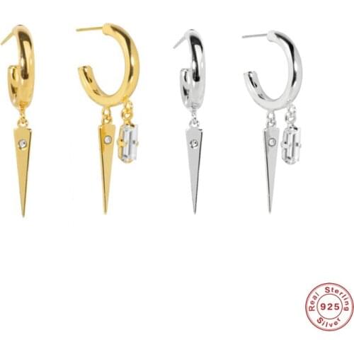 Aide 925 Sterling Silver Asymmetric Long Cone Crystal Zircon Pendant Dangle Drop Earrings for Women Girls Rock Punk Jewelry Gift