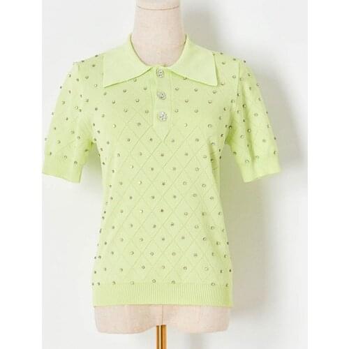 Brand Fashion Diamond Rhombus White Lapel Beaded Short-Sleeved Pullover Slim Sweater 2021 Summer New Style Women Clothes