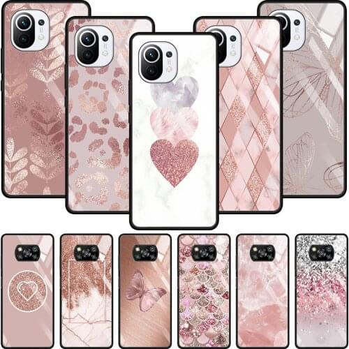 Pink Gold Rose Glitter Hearts Glass For Xiaomi Poco X3 NFC M2 F2 Pro Case For MI 11 Ultra 11 10 10T Lite 9T CC9 Note 10 Shell