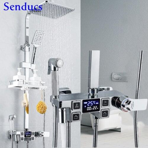 Bathroom Shower Set Senducs Chrome Digital Bathroom Shower System Quality ABS Rainfall Shower Head Brass Thermostatic Shower Set