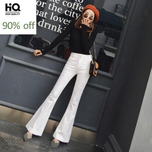 Streetwear White Ripped Hole Flare Jeans Women Spring 2020 High Waist Bell-Bottomed Pants Vintage Office Slim Denim Trousers