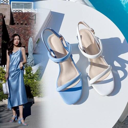 Ins hot women sandals Leather shoes plus size 22-26 cm ladies shoes Heel 6cm high Round heel Cowhide + Sheepskin + Pigskin