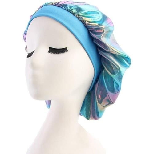 Colorful Hair Styling Caps Laser Bonnet Women SilkyTurban Hat Women Satin Headwear Sleeping Bandanas Hair Accessories Jewelry